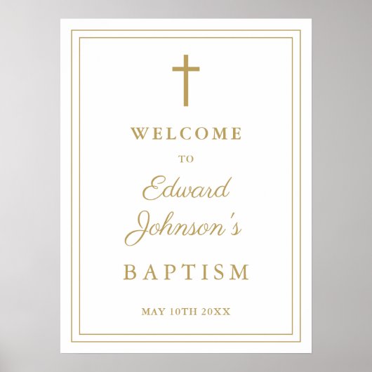 Elegante moderne gouden grens doop welkomstbord poster (Voorkant)