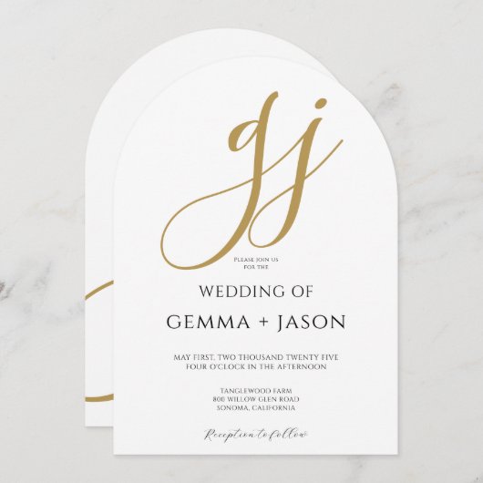 Elegante moderne gouden monogram bruiloft kaart (Voorkant / Achterkant)