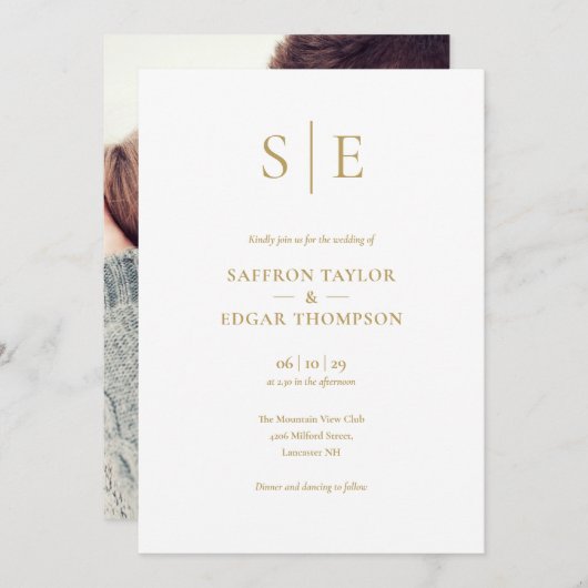 Elegante moderne gouden monogram foto bruiloft kaart (Voorkant / Achterkant)