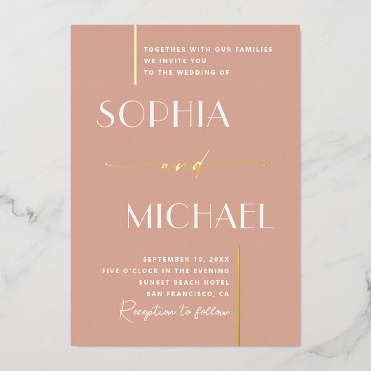 Elegante moderne gouden pastel roze minimalistisch folie uitnodiging (Voorkant)