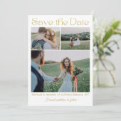 Elegante moderne gouden script 3 foto collage brui save the date (Staand voorkant)