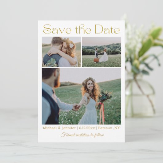 Elegante moderne gouden script 3 foto collage brui save the date (Staand voorkant)