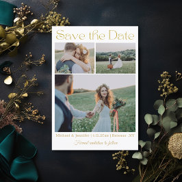 Elegante moderne gouden script 3 foto collage brui save the date