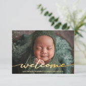 Elegante moderne gouden script dank u foto geboort aankondiging (Staand voorkant)