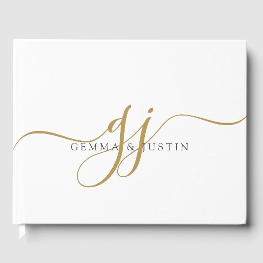 Elegante moderne gouden script initialen naammonog gastenboek (Voorkant)