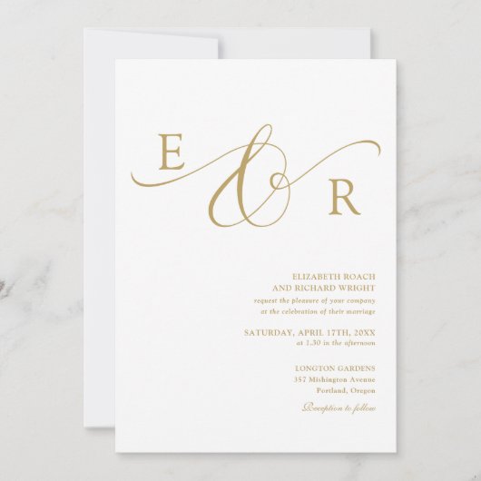 Elegante moderne gouden script monogram bruiloft kaart (Voorkant)