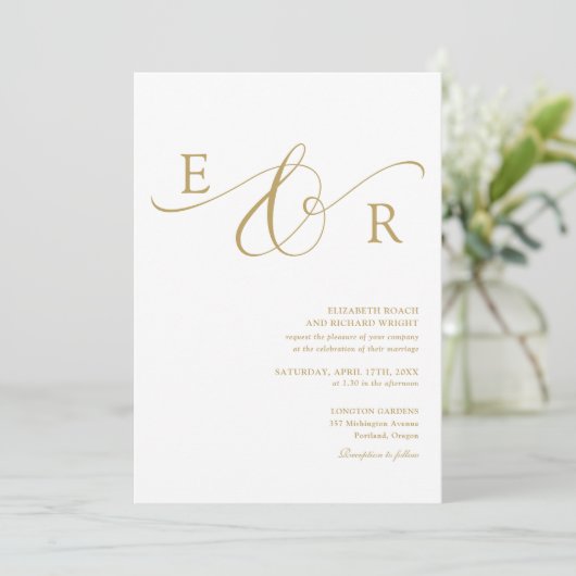 Elegante moderne gouden script monogram bruiloft kaart (Staand voorkant)
