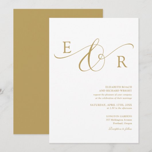 Elegante moderne gouden script monogram bruiloft kaart (Voorkant / Achterkant)