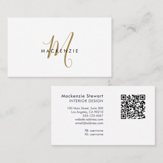 Elegante moderne gouden script monogram QR-code Visitekaartje (Voorkant / Achterkant)