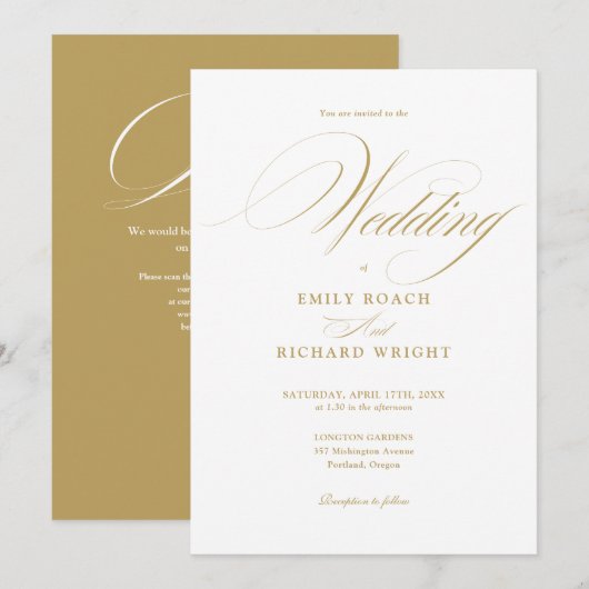 Elegante moderne gouden script QR-code bruiloft Kaart (Voorkant / Achterkant)