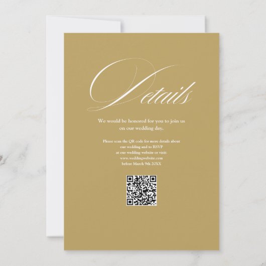 Elegante moderne gouden script QR-code bruiloft Kaart (Achterkant)