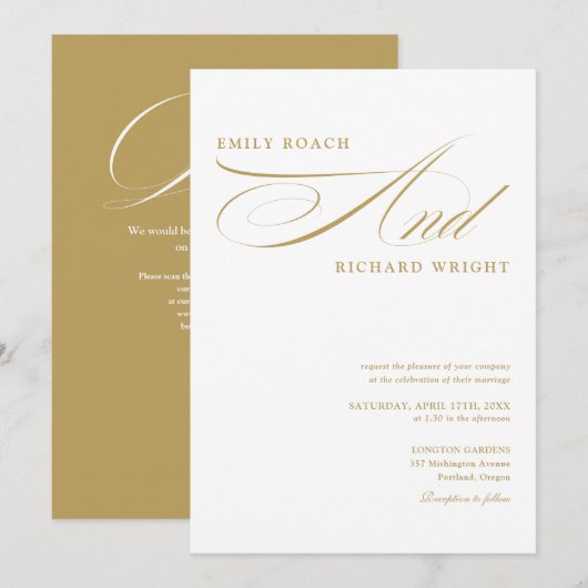 Elegante moderne gouden script QR-code bruiloft Kaart (Voorkant / Achterkant)
