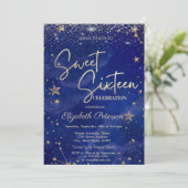 Elegante moderne gouden sterren blauw zoet 16 kaart (Staand voorkant)