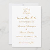 Elegante Moderne Gouden & Witte Monogram Huwelijk Save The Date (Voorkant)