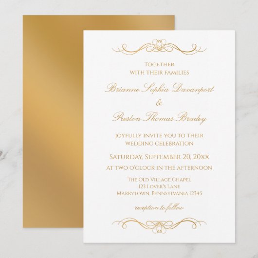 Elegante Moderne Gouden & Witte Whimsical Bruiloft Kaart (Voorkant / Achterkant)