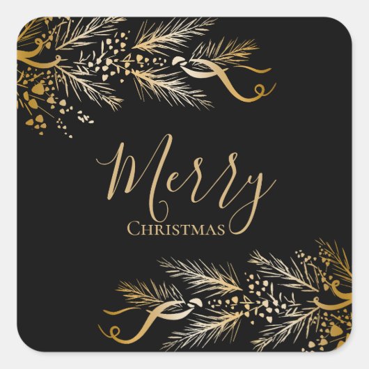 Elegante moderne gouden zwarte den vrolijke kerst vierkante sticker (Voorkant)