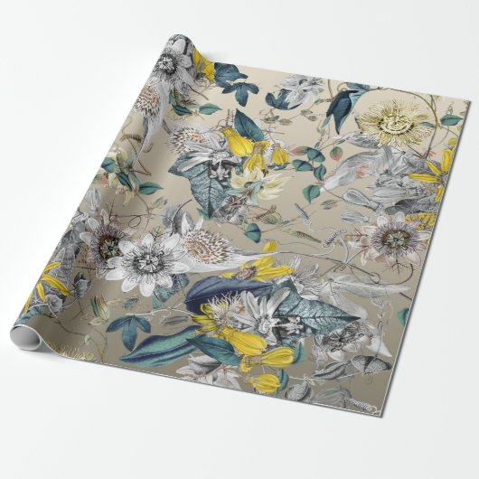 Elegante moderne  Goudgrijs Geel Bloemen Cadeaupapier (Uitgerold)