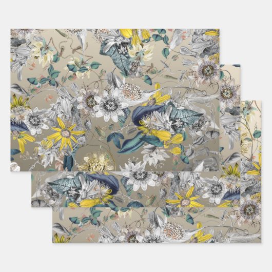Elegante moderne  Goudgrijs Geel Bloemen Inpakpapier Vel (Set)