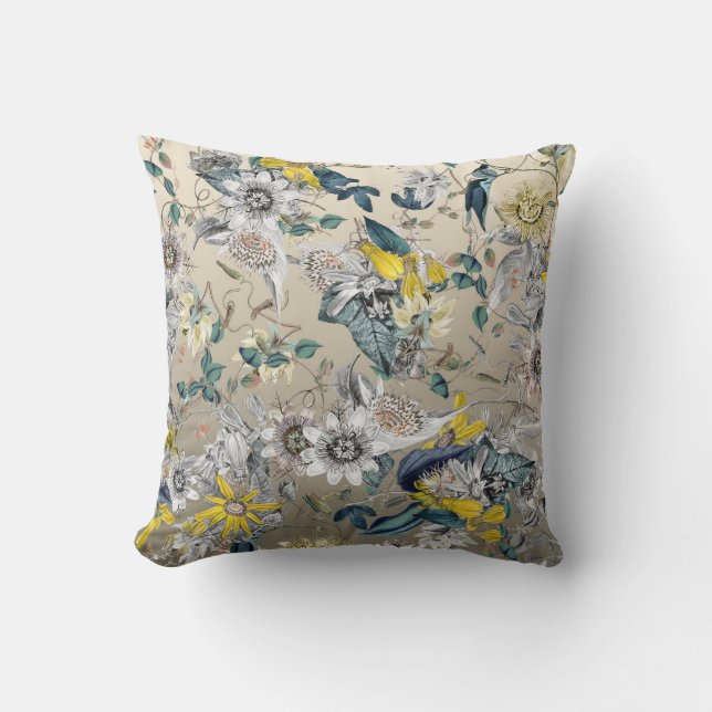 Elegante moderne  Goudgrijs Geel Bloemen Kussen (Voorkant)