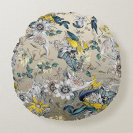 Elegante moderne  Goudgrijs Geel Bloemen Rond Kussen