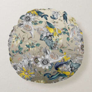 Elegante moderne Goudgrijs Geel Bloemen Rond Kussen