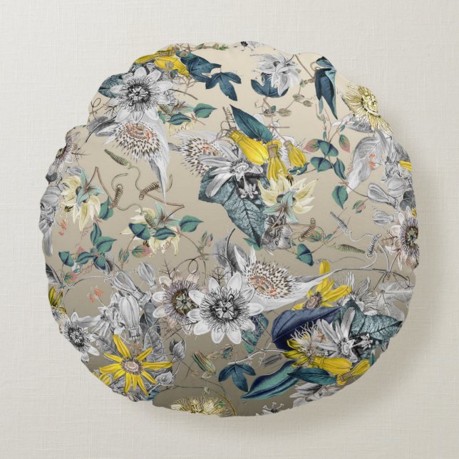 Elegante moderne  Goudgrijs Geel Bloemen Rond Kussen (Voorkant)