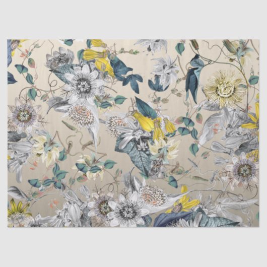 Elegante moderne Goudgrijs Geel Bloemen Tissuepapier (Voorkant)