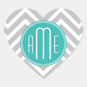 Elegante Moderne Grijze Chevron en Mint Monogram Hart Sticker