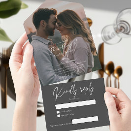 Elegante moderne grijze trouwfoto met RSVP All In One Uitnodiging
