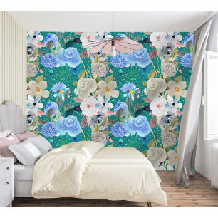 Elegante moderne grillige bloemstrepen Donker Blau Behang