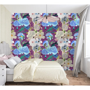 Elegante moderne grillige bloemstrepen Paarse Behang