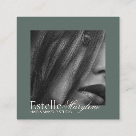 Elegante moderne groen bruin script haarstudio vierkante visitekaartje (Voorkant)