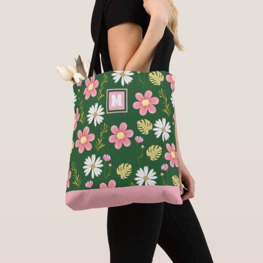 Elegante Moderne Groen Roze Bloem Tote Bag (Dichtbij)