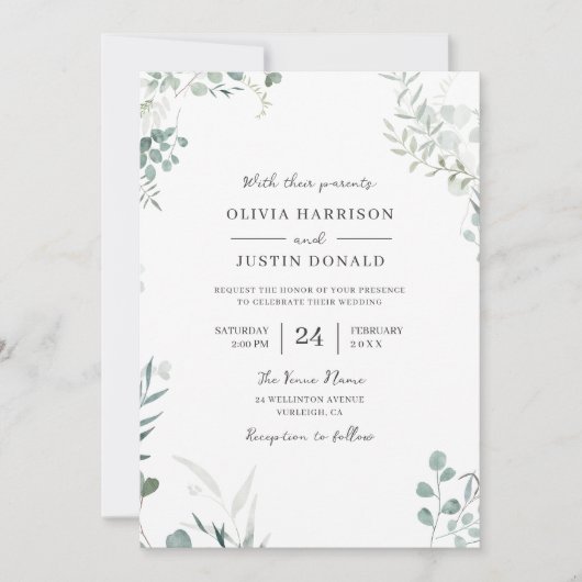 Elegante moderne groen Waterverf bruiloft Kaart (Voorkant)