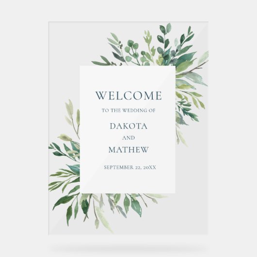 Elegante moderne groen welkom bruiloft acryl bord (Voorkant)