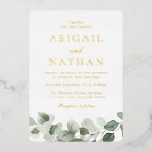 Elegante moderne groene blad bruiloft gouden folie uitnodiging (Voorkant)