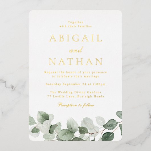 Elegante moderne groene blad bruiloft gouden folie uitnodiging (Voorkant)