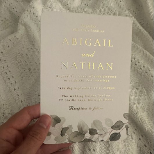 Elegante moderne groene blad bruiloft gouden folie uitnodiging