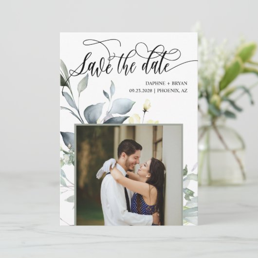 Elegante moderne groene bladeren QR-code foto brui Save The Date (Staand voorkant)