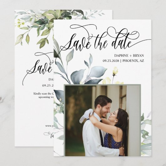 Elegante moderne groene bladeren QR-code foto brui Save The Date (Voorkant / Achterkant)