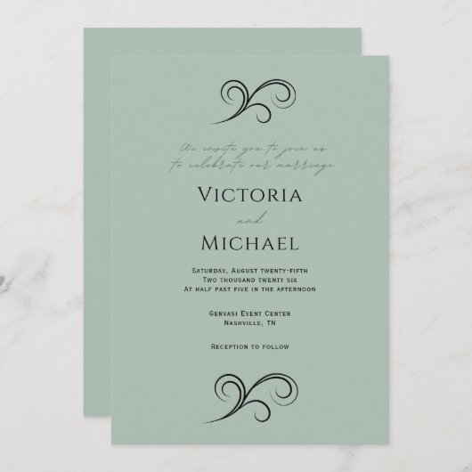 Elegante moderne groene bruiloft uitnodiging (Voorkant / Achterkant)