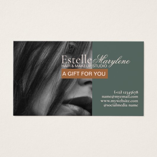 Elegante moderne groene bruine foto haar studio visitekaartje (Voorkant)