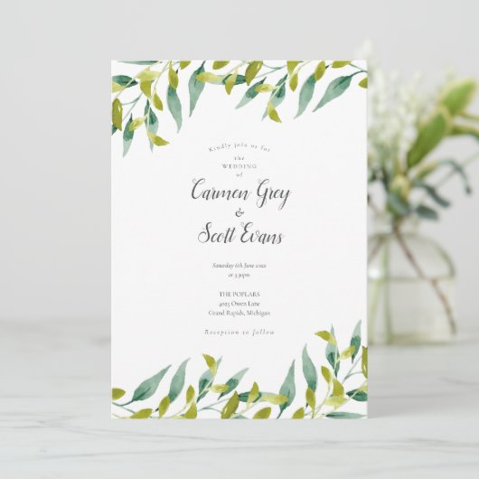 Elegante moderne groene chic scriptie bruiloft kaart (Staand voorkant)