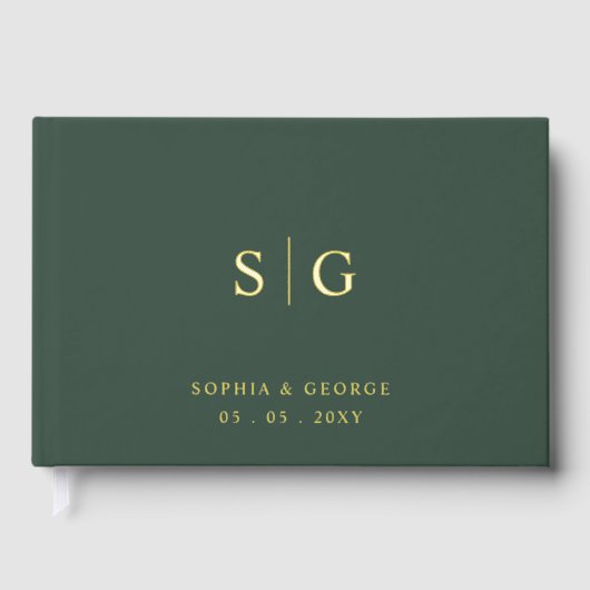 Elegante Moderne Groene en Gouden Huwelijk Gastenboek (Voorkant)