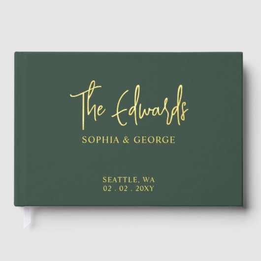 Elegante Moderne Groene en Gouden Huwelijk Gastenboek (Voorkant)