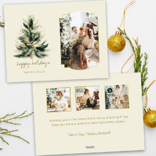Elegante moderne groene en gouden kerstboomfoto feestdagenkaart