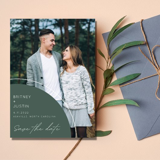 Elegante moderne groene foto trouwkaart Save The D Save The Date
