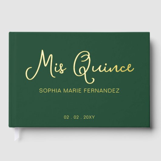 Elegante moderne groene gouden foto Quinceañera Gastenboek (Voorkant)