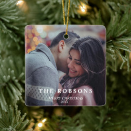 Elegante moderne groene kerstbomen paar foto keramisch ornament