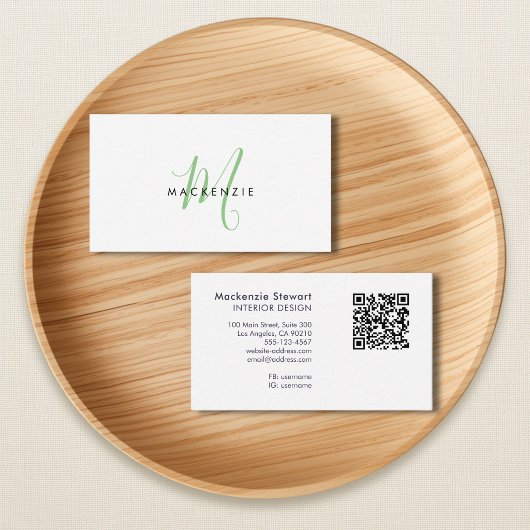 Elegante moderne groene script monogram QR-code Visitekaartje